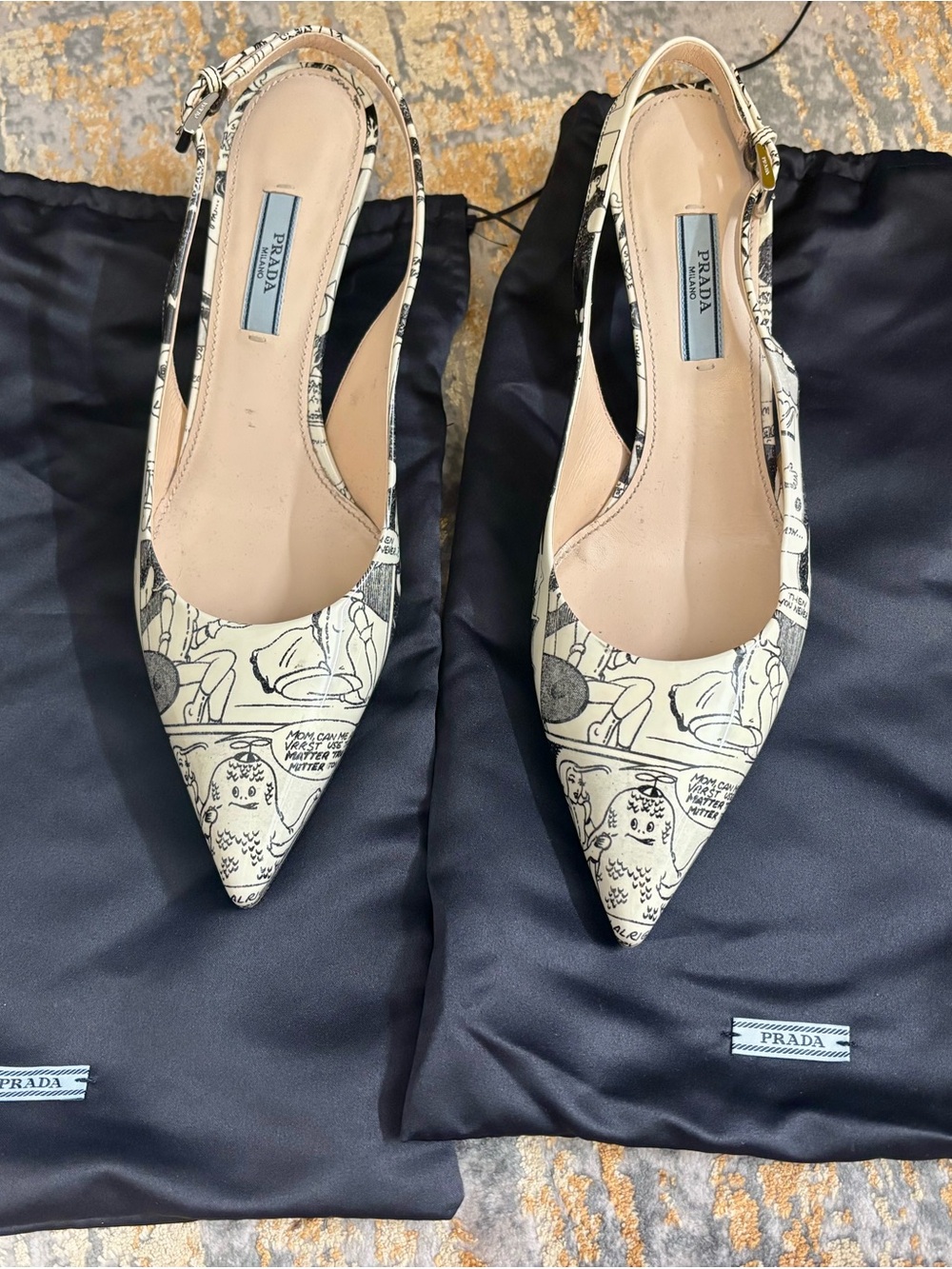Prada Ivory and Black Graphic Pointed Slingback Flats
